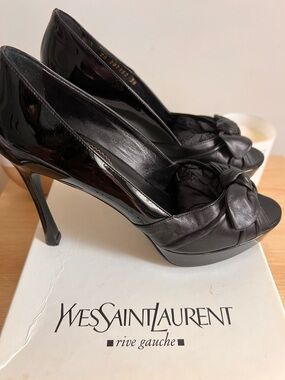 Yves Saint Laurent Black Patent & Leather Knotted Peep-Toe Heels